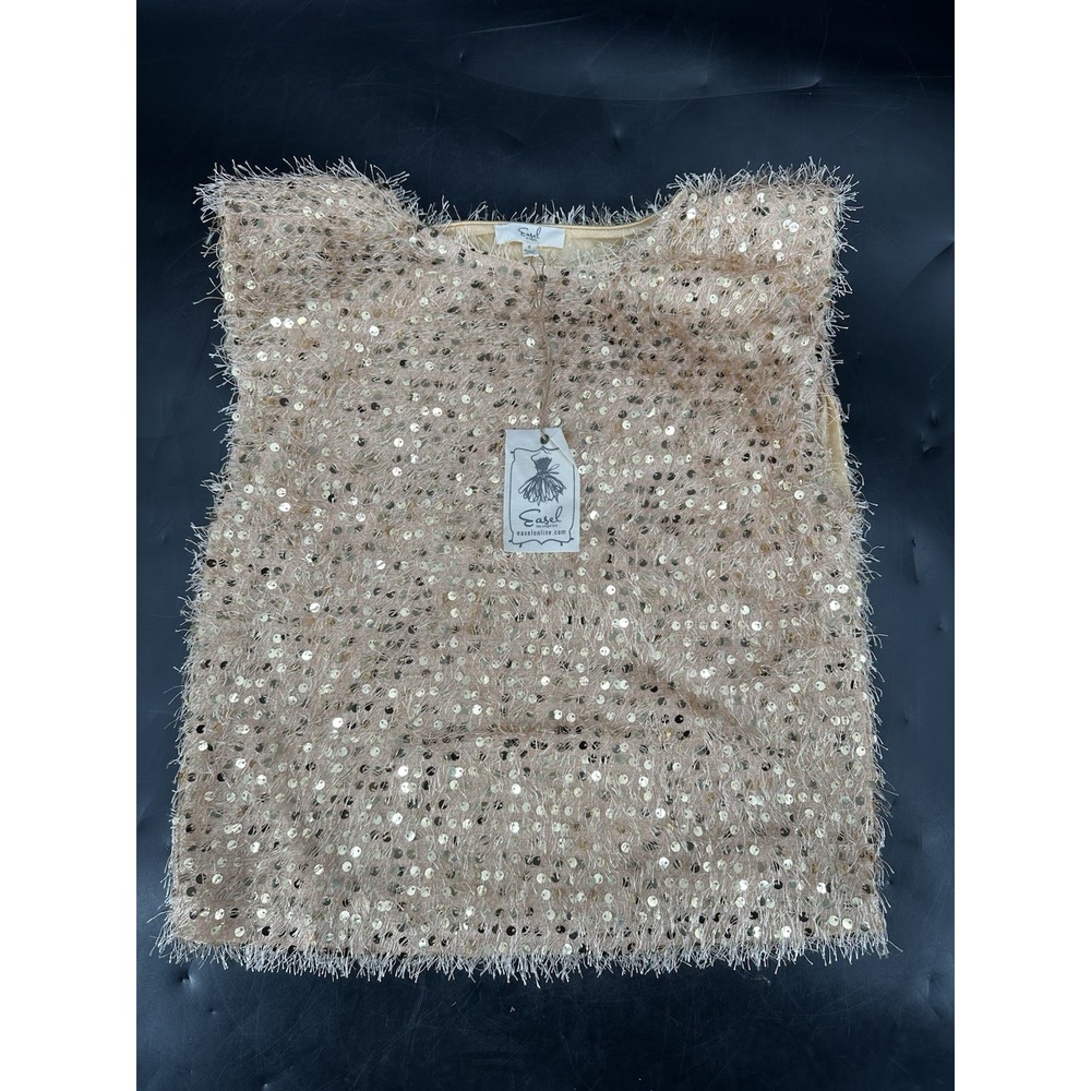 NWT Easel Los Angeles Alora Feathered Sequin Tank Gold Women's Size Small
